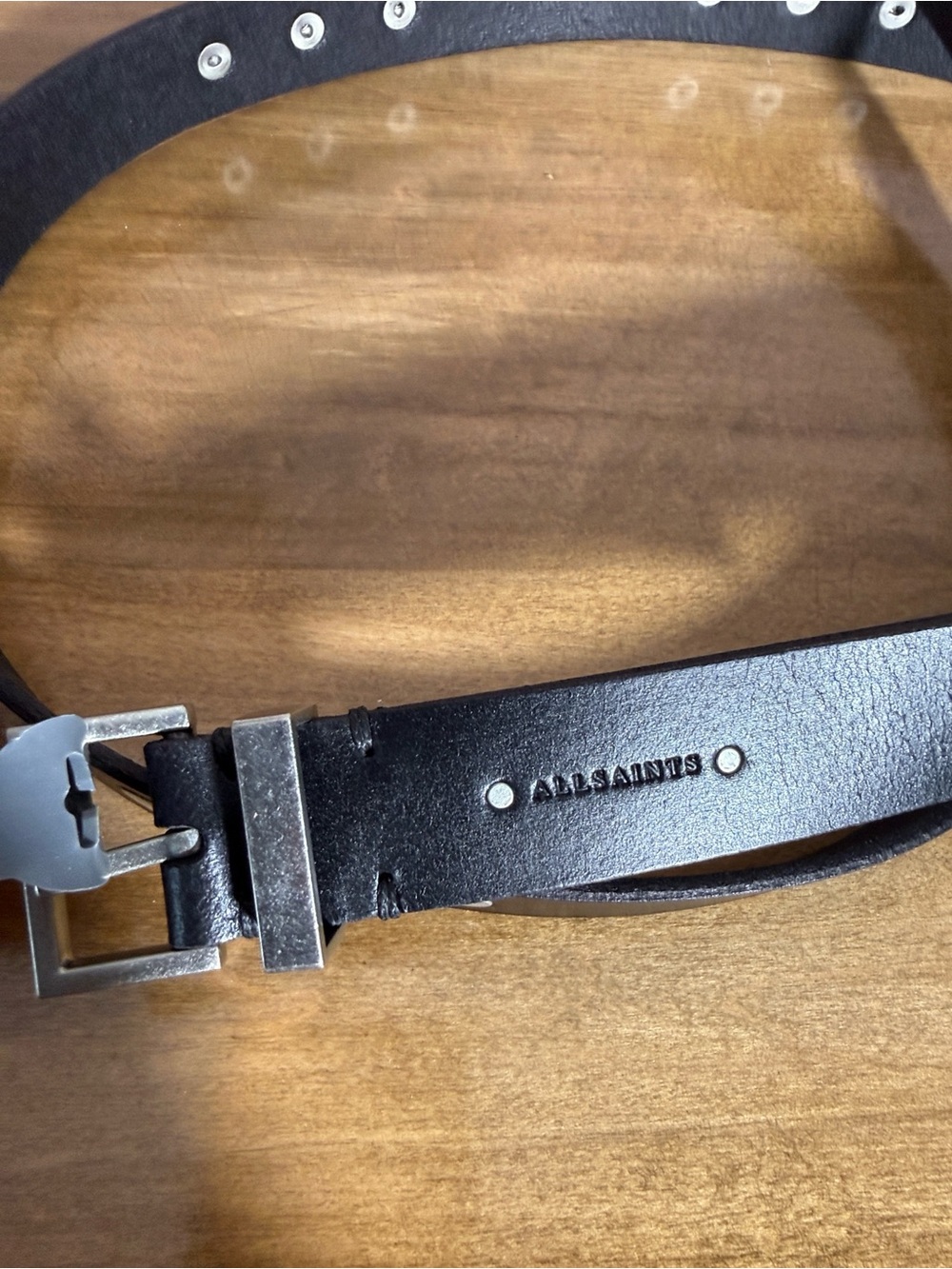 AllSaints Black Leather Studded Belt with Silver Buckle - Picture 3 of 6